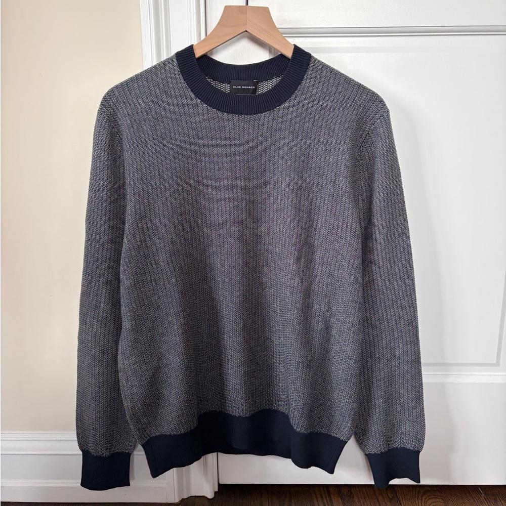 Club Monaco Men's Navy Mesh Crewneck Contrast Sweater
